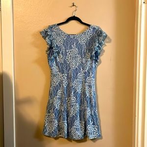Peach Love California Blue Periwinkle Floral Lace Ruffle Cap Sleeve Dress L